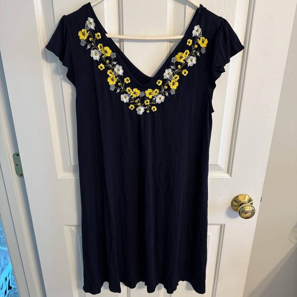 LOFT Navy Dress with Yellow and White Floral Embroidery